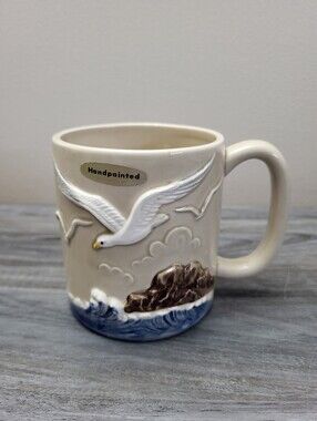 Vintage Otagiri Seagull Ocean Handpainted 3D Ceramic Mug 1970s Japan